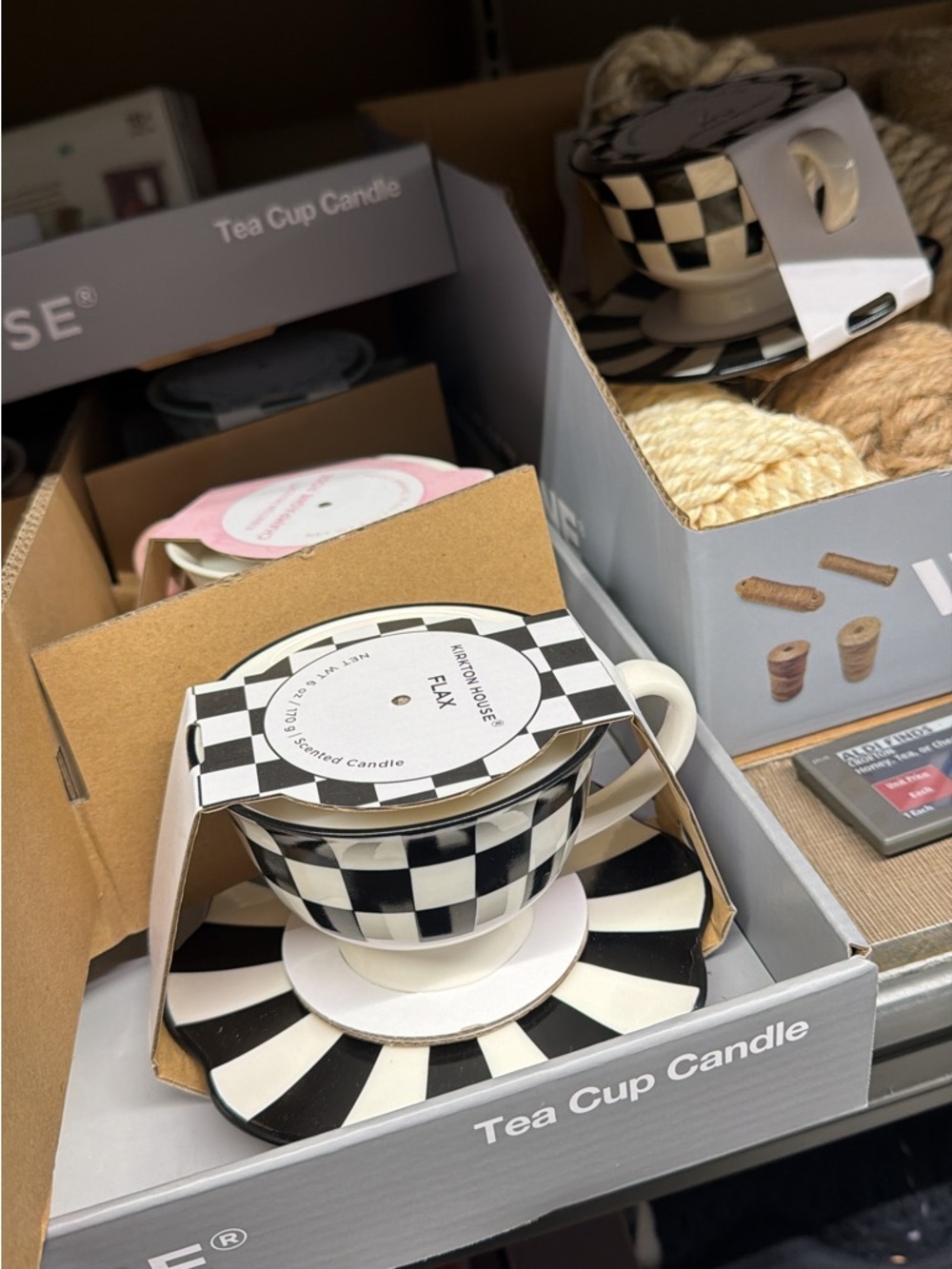 Black & White Check Tea Cup Candle - Decorative Home Accent